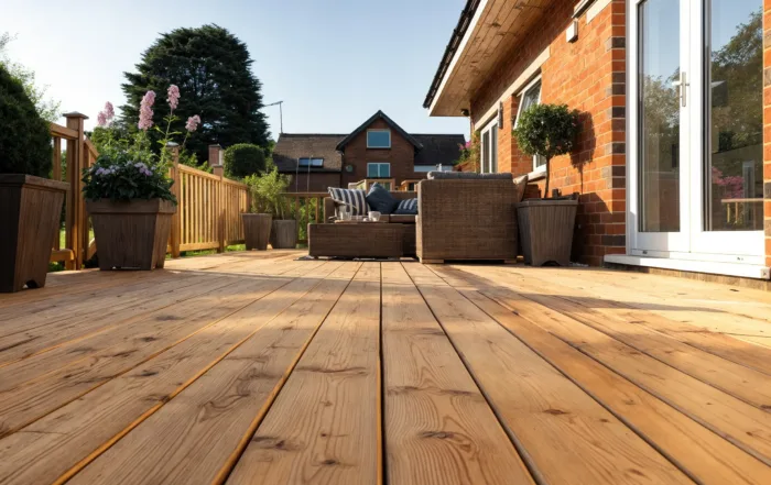 Custom Trex composite deck with built-in seating, located in a Charlotte, NC backyard.