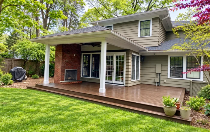 A modern covered porch with wood ceiling and comfortable seating designed by Charlotte Decks and Porches