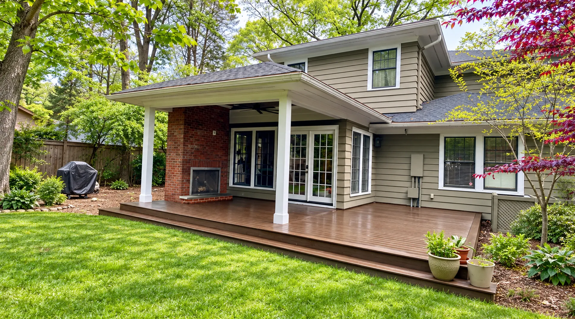 A modern covered porch with wood ceiling and comfortable seating designed by Charlotte Decks and Porches